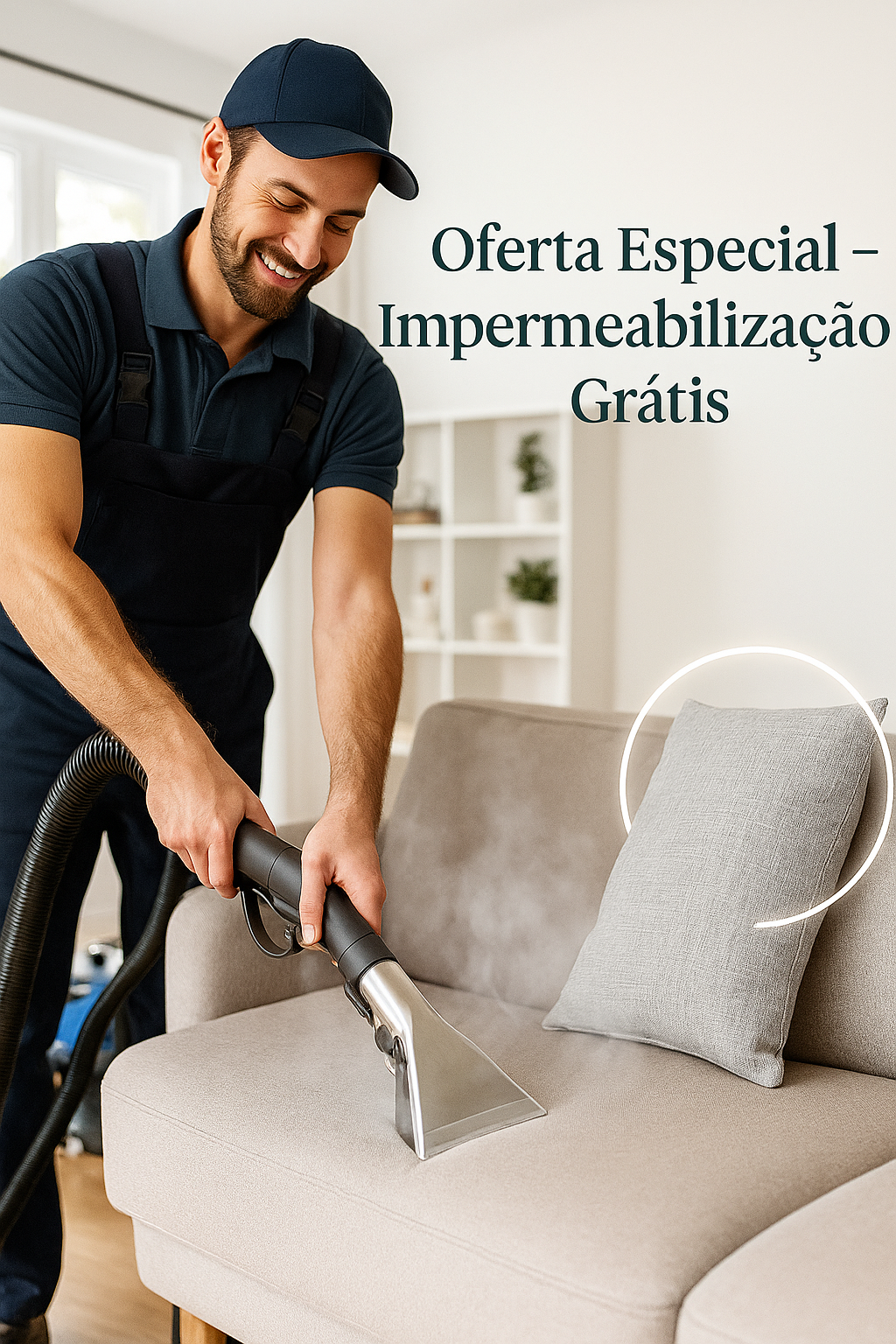 Profissional limpando sofá com oferta de impermeabilização grátis